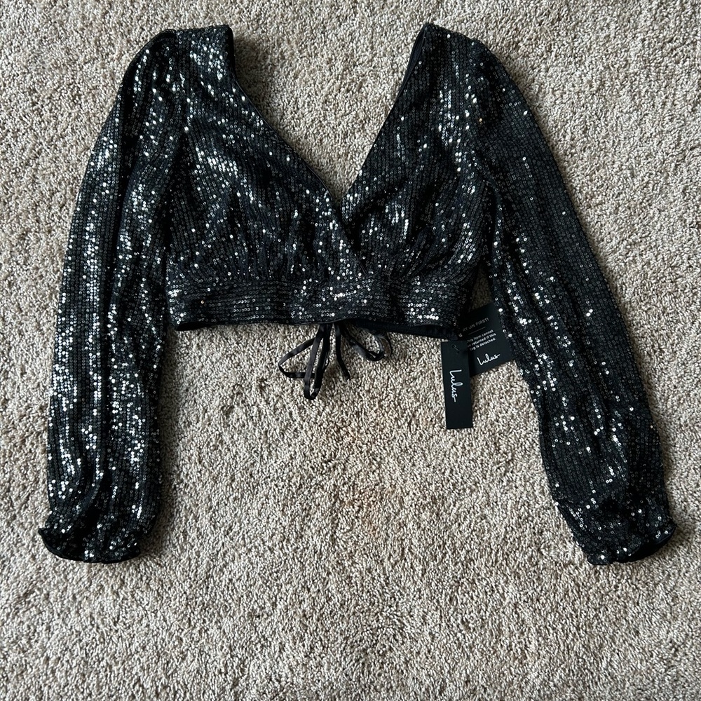 Lulus black sequin crop top size small